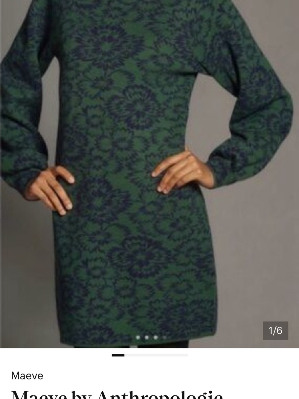 Anthropologie Green and Navy Floral Knit Long-Sleeve Dress